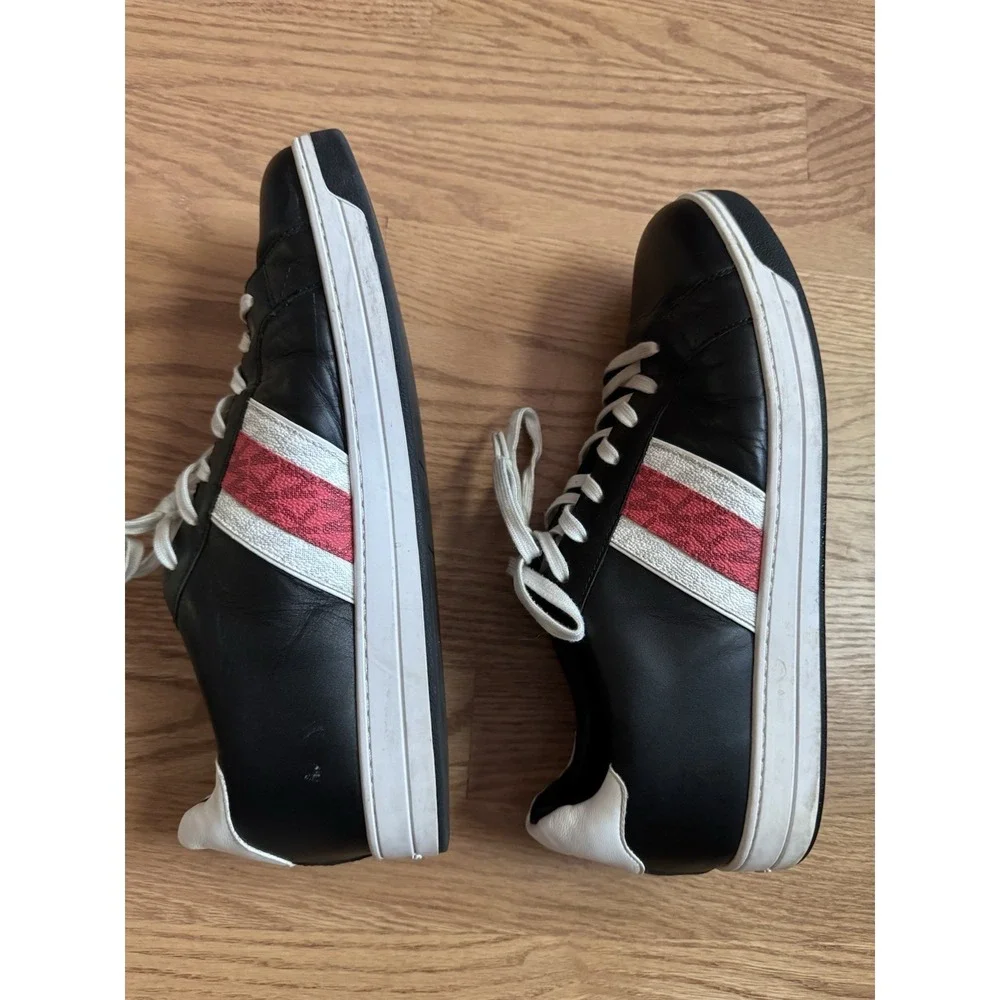 Michael Kors Black Leather Sneakers White Red MK Logo Stripe Trainers Womens 10M